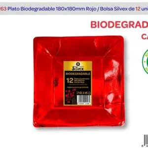 Plato biodegradable cuadrado rojo 180x180mm x12u.