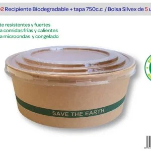 Recipiente biodegradable + tapa 750cc x5u.