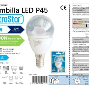 Bombilla bola led c/pilar 5w/e14 220o luz natural