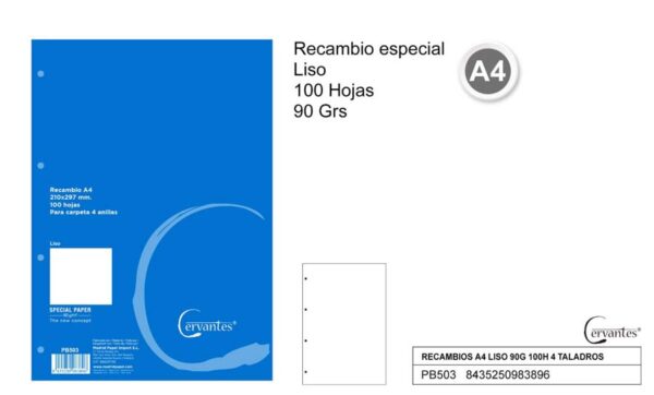 Recambio A4 liso 90gr. 4 taladros. 100 hojas.