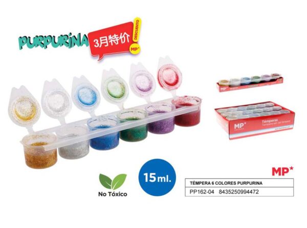 Tempera 6 colores purpurina 15ml.