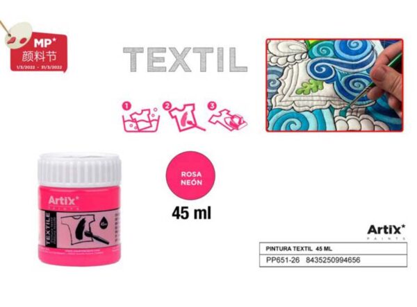 Pintura textil rosa neón 45ml.