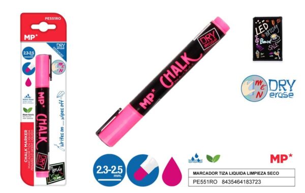 Marcador tiza liquida rosa limpieza en seco.