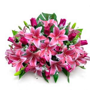 Centro Floral Artificial de Lirios y Rosas Fucsia