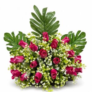 Centro Floral Artificial de Rosas Fucsia y Flores Blancas
