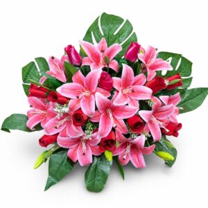 Centro Floral Artificial de Lirios Rosa y Rosas Fucsia