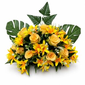 Centro Floral Artificial de Rosas y Lirios Amarillos